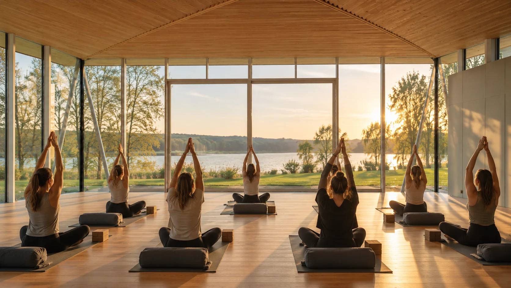 Yogagruppe im Retreatraum mit Blick auf den Bistensee im Sonnenuntergang