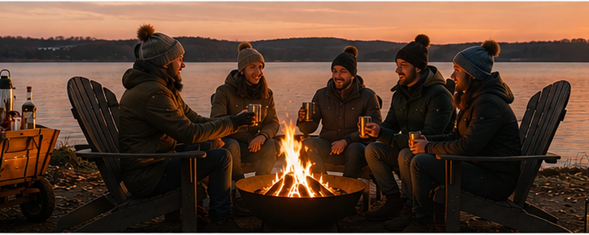 Firmenteam am Feuer mit Blick auf den Bistensee nach dem Boßeln