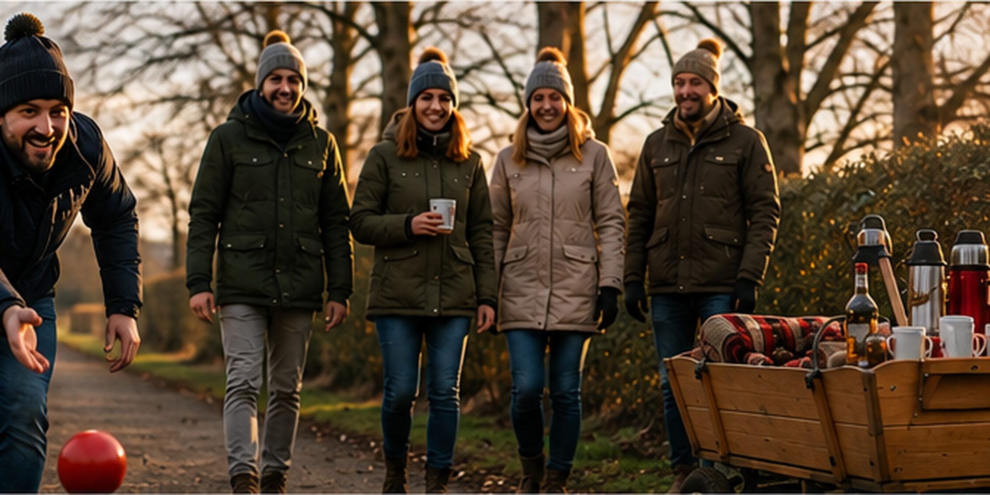 Firmenteam beim Boßeln auf einem winterlichen Knickweg
