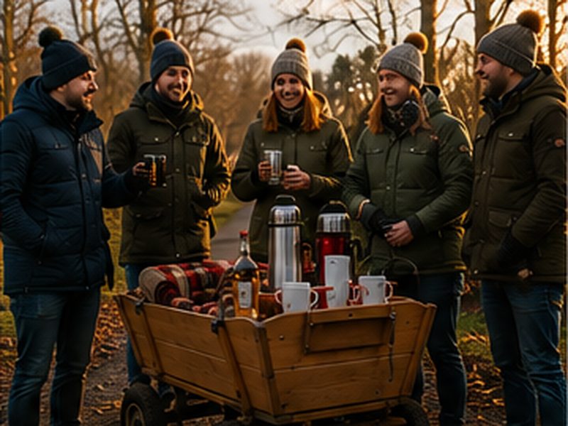 Firmenteam bei einer Pause am beleuchteten Bollerwagen