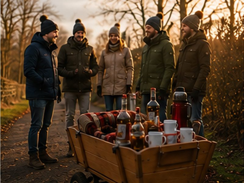 Boßelteam mit Bollerwagen auf einem winterlichen Knickweg