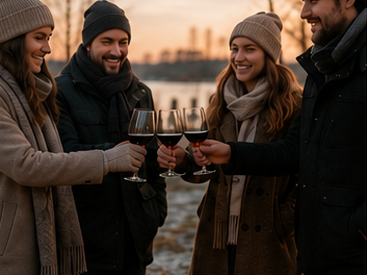 Freunde mit Bordeaux an der Feuerschale