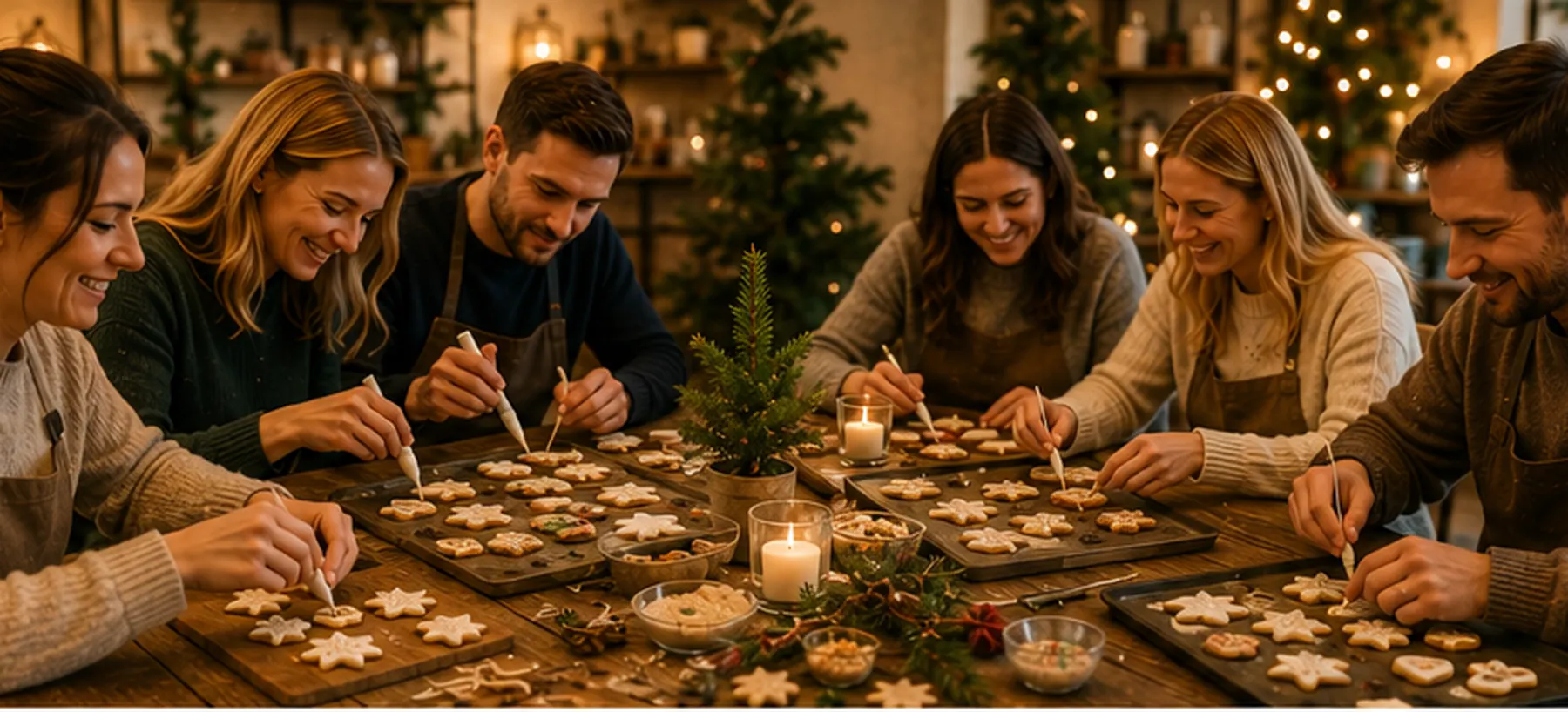 Kollegen backen gemeinsam Weihnachtskekse in der Hygge-Werkstatt