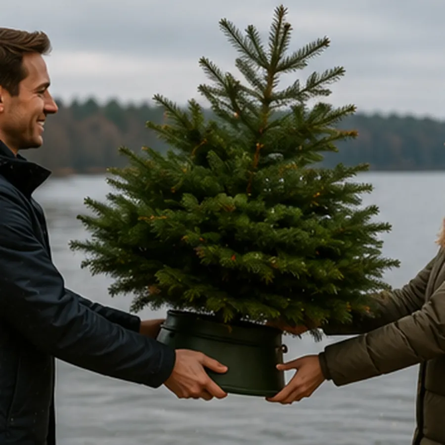 Übergabe eines ungeschmückten Weihnachtsbaums am Bistensee