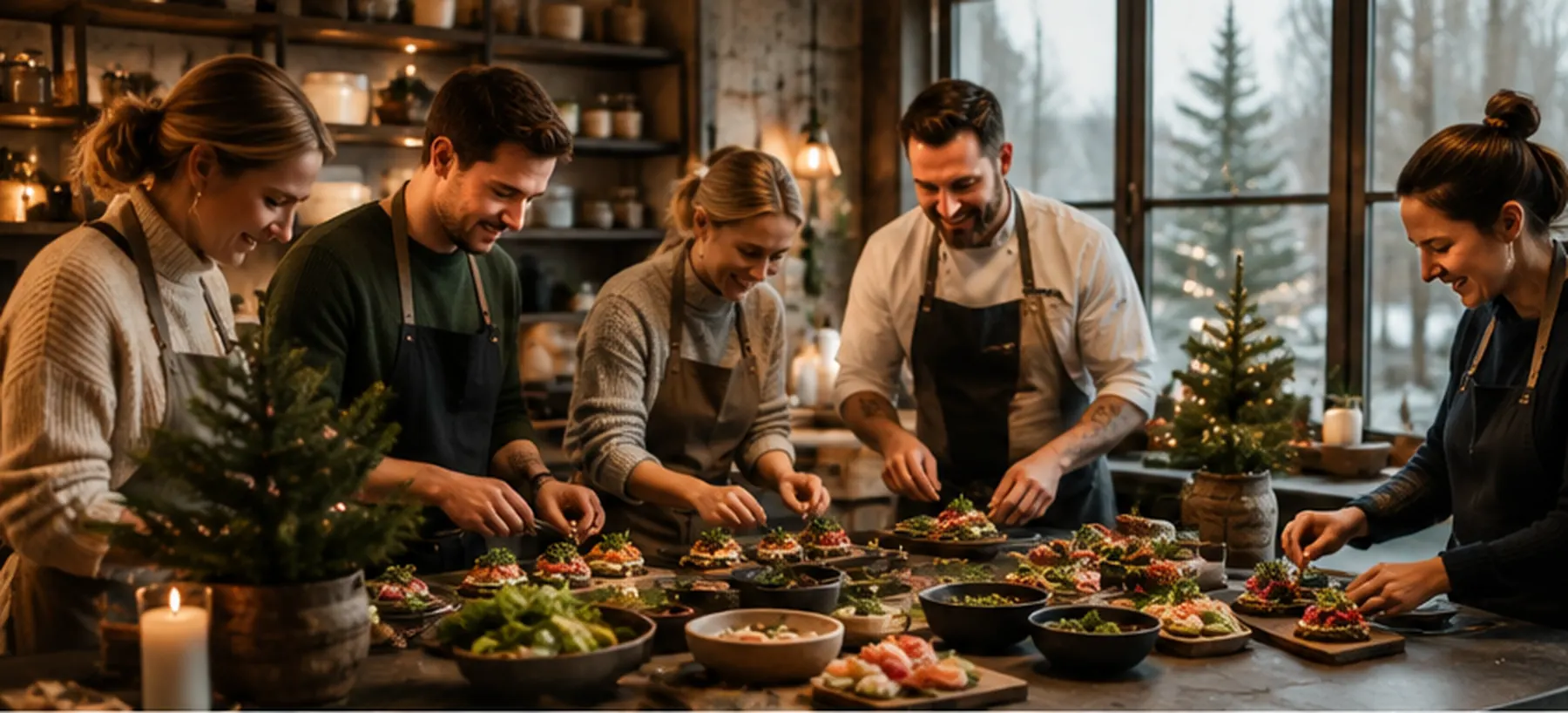 Team gestaltet gemeinsam nordische Smørrebrød in der Weihnachtsmanufaktur