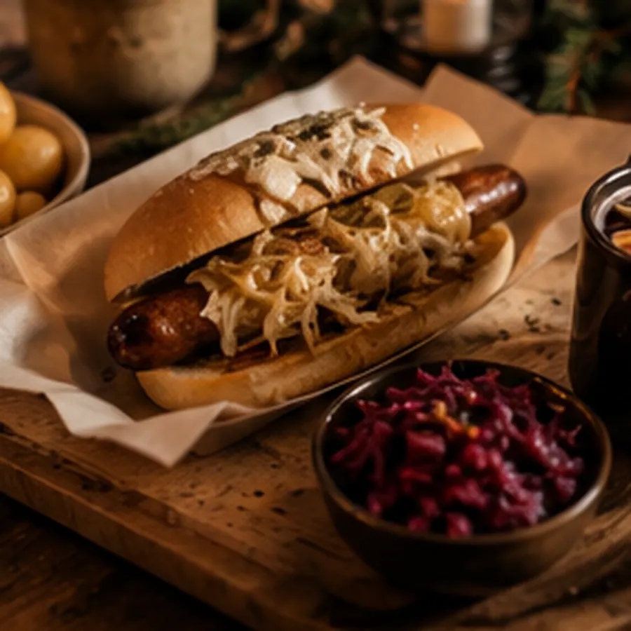 Wildschweinwurst mit Kartoffelsalat und Sauerkraut auf dem Julemarkt