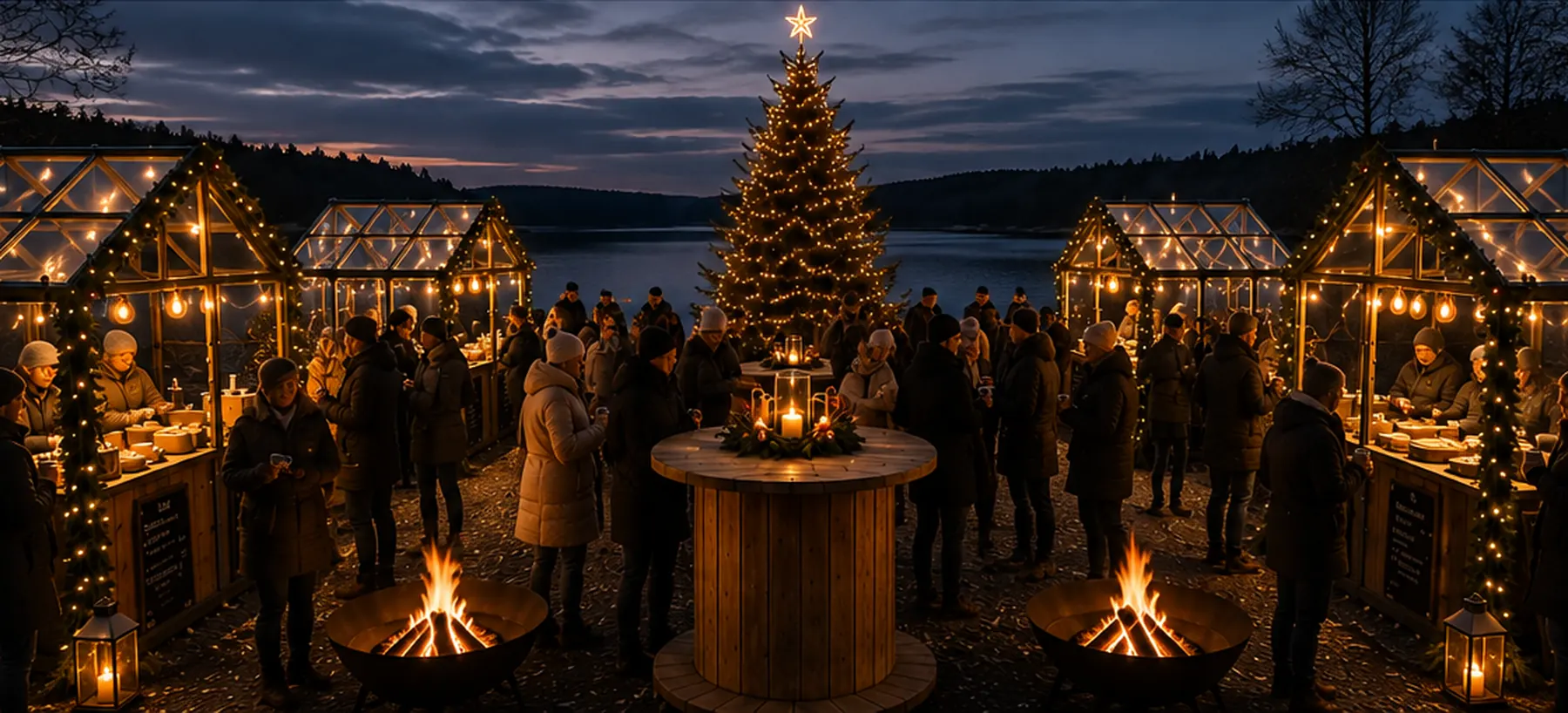 Julemarkt am See mit gläsernen Häuschen und Gästen vor dem Bistensee