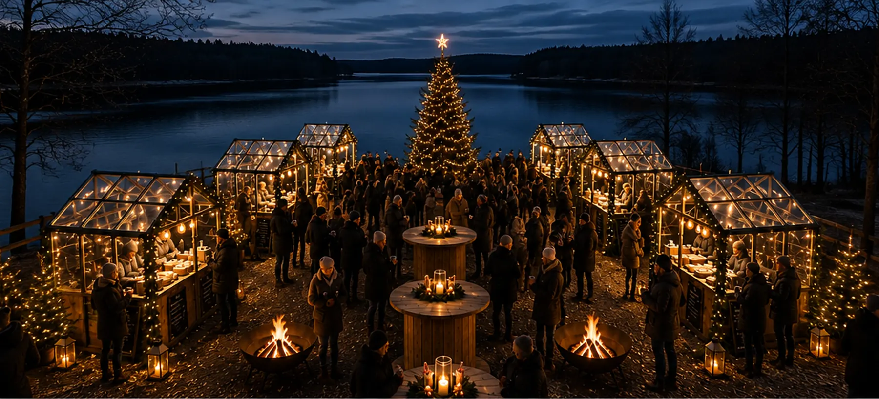 Julemarkt am See mit gläsernen Markthäuschen, Feuer und Weihnachtsbaum am Bistensee