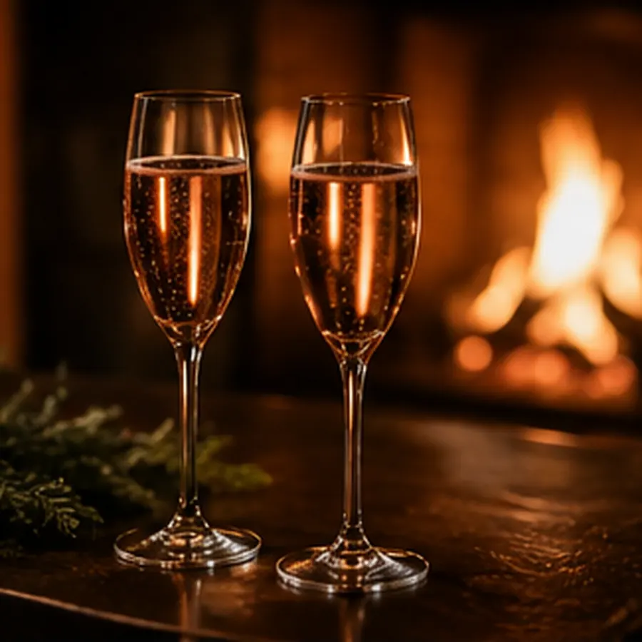 Winzersekt brut rosé vor dem Kamin
