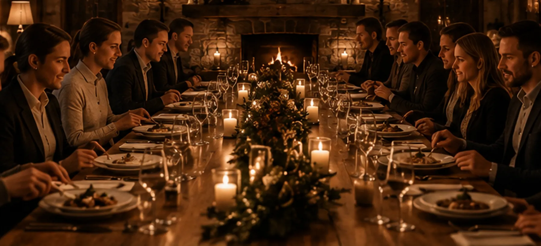 Vierzehn Gäste beim Julemiddag an einer langen Tafel mit kleinem Kamin im Hintergrund