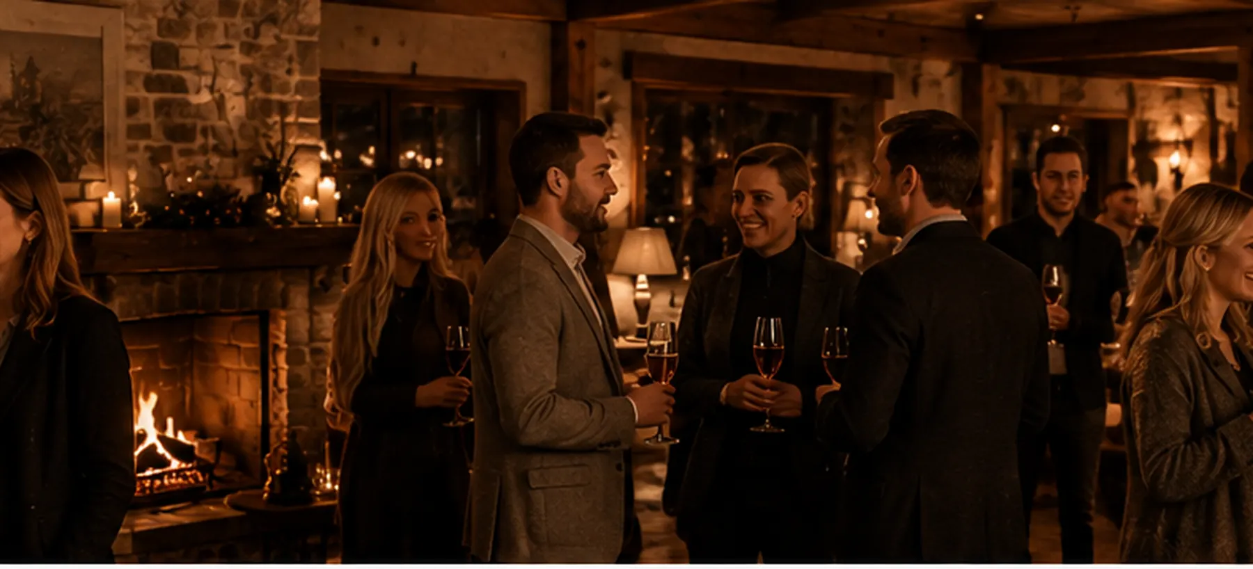 Empfang mit Winzersekt am Kamin vor dem Julemiddag im Seehotel Töpferhaus