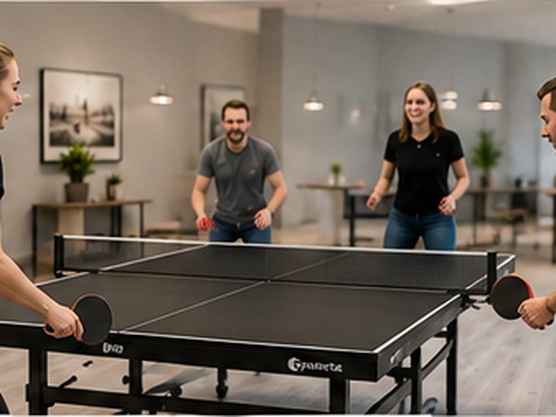 Tischtennis auf einer kleinen schwarzen Platte