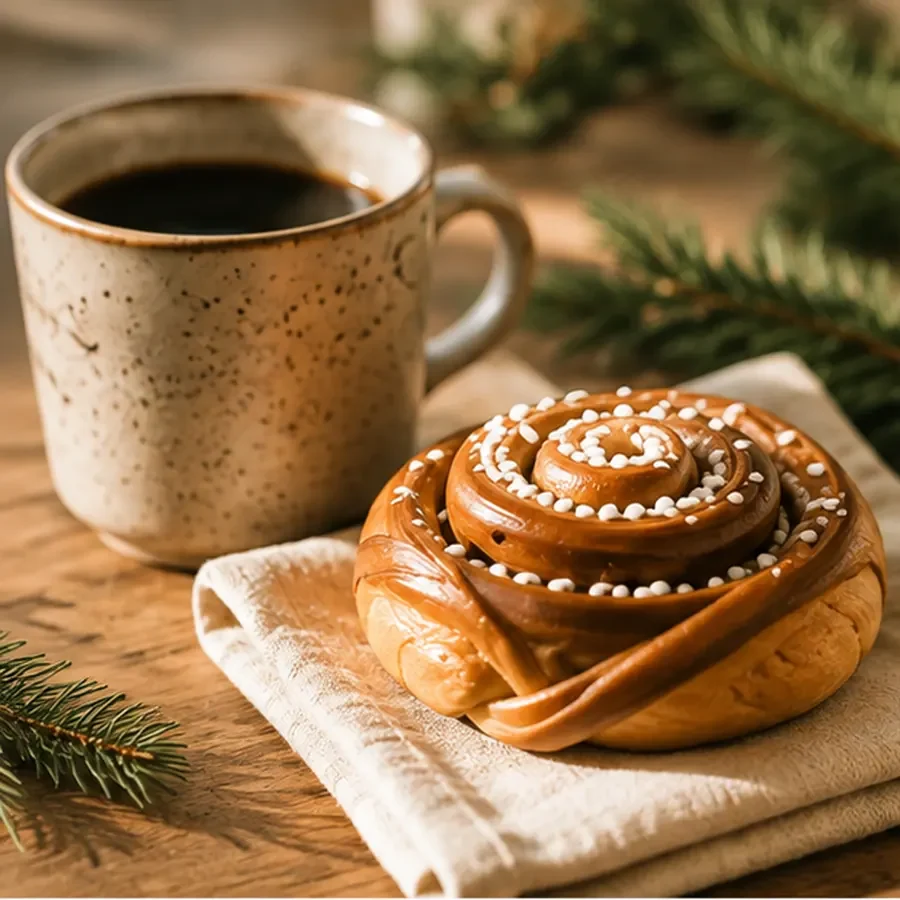Kaffee und dänischer Kanelsnegl am Kamin