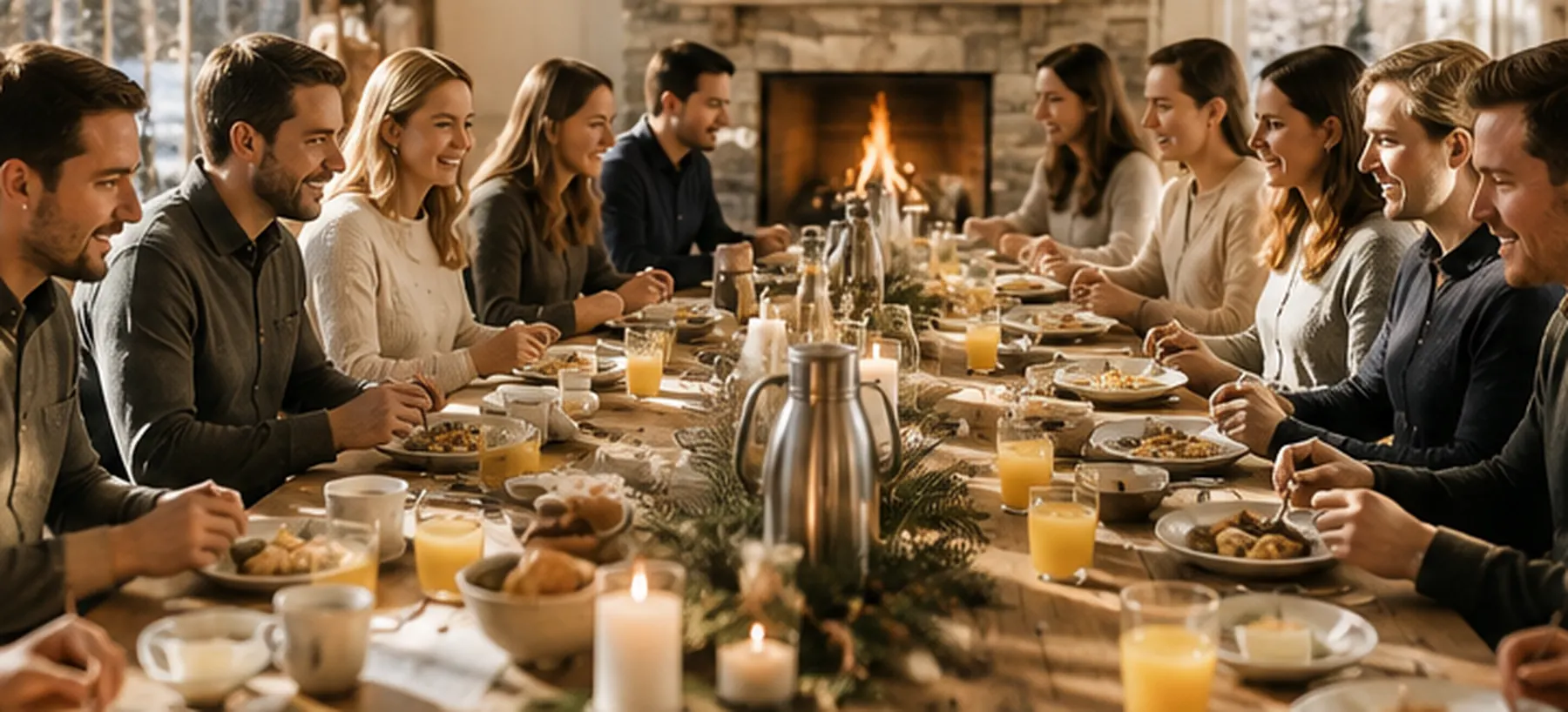 Gemeinsames Weihnachtsfrühstück an einer langen Tafel an einem hellen Wintermorgen