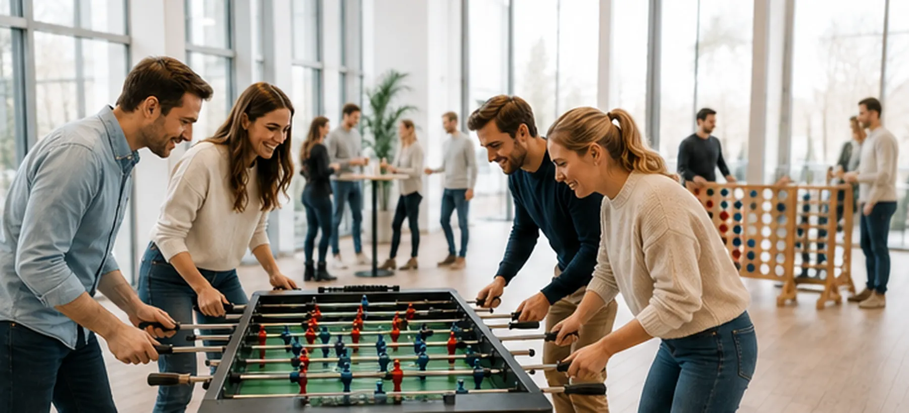 Firmenteam bei Winterspielen im Haus mit Kicker und weiteren Spielen