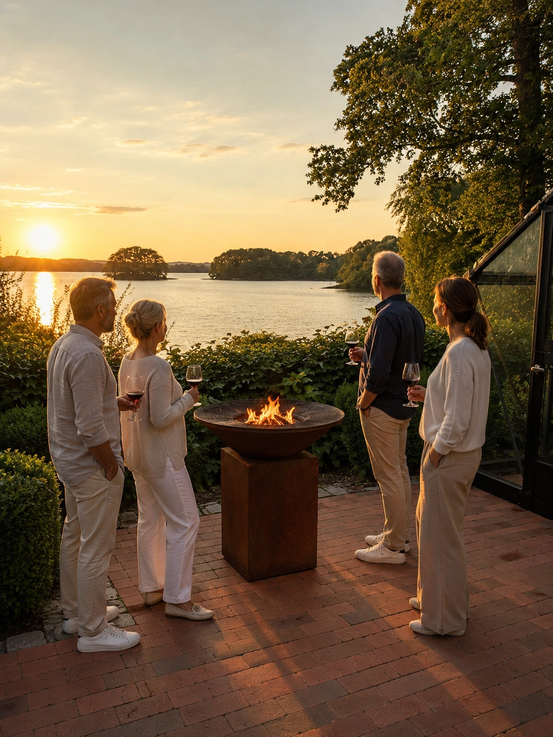 Freunde an der Feuerschale auf der Seeterrasse im Seehotel Töpferhaus