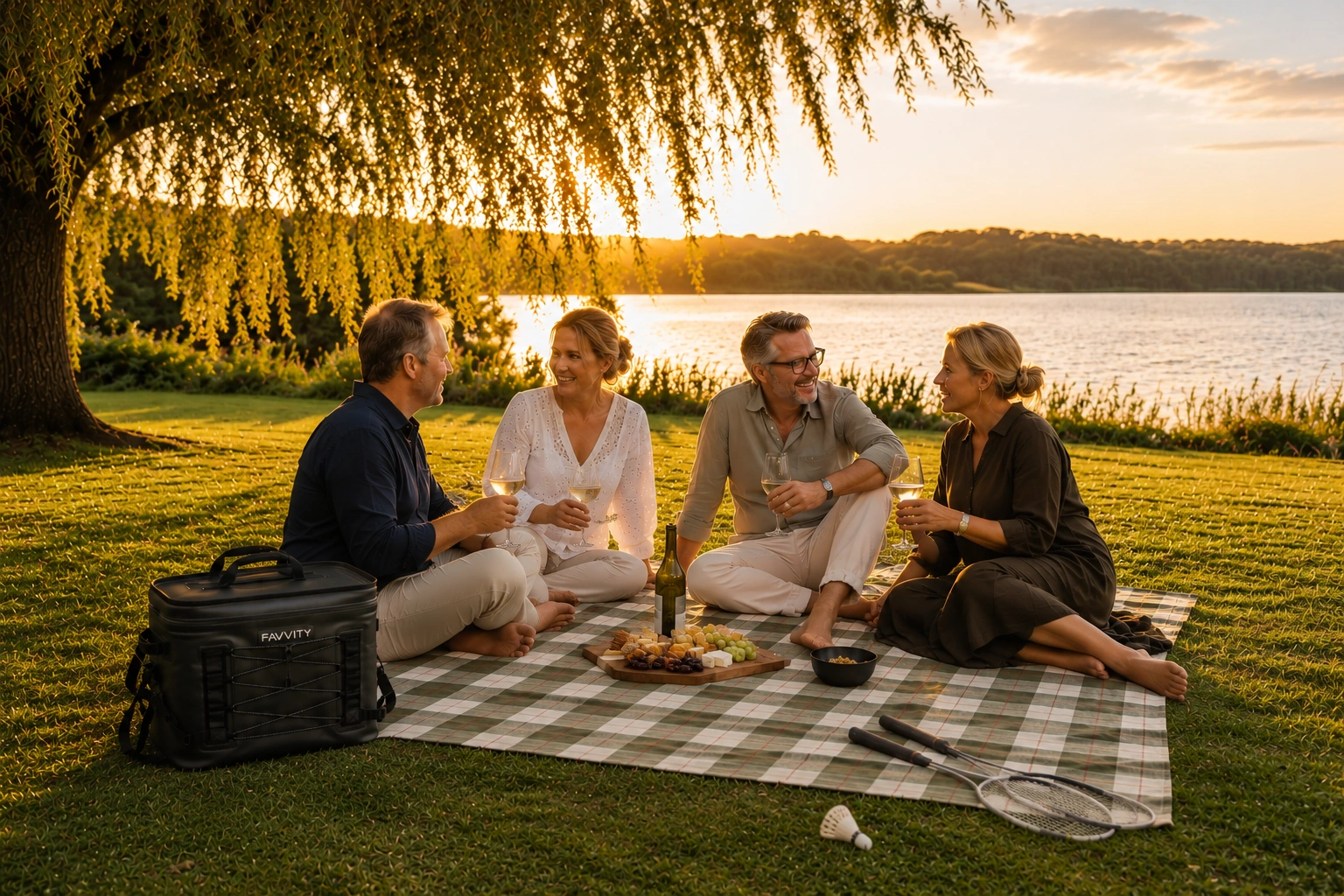 Gruppe entspannt am Bistensee, eine Person in Yoga-Haltung