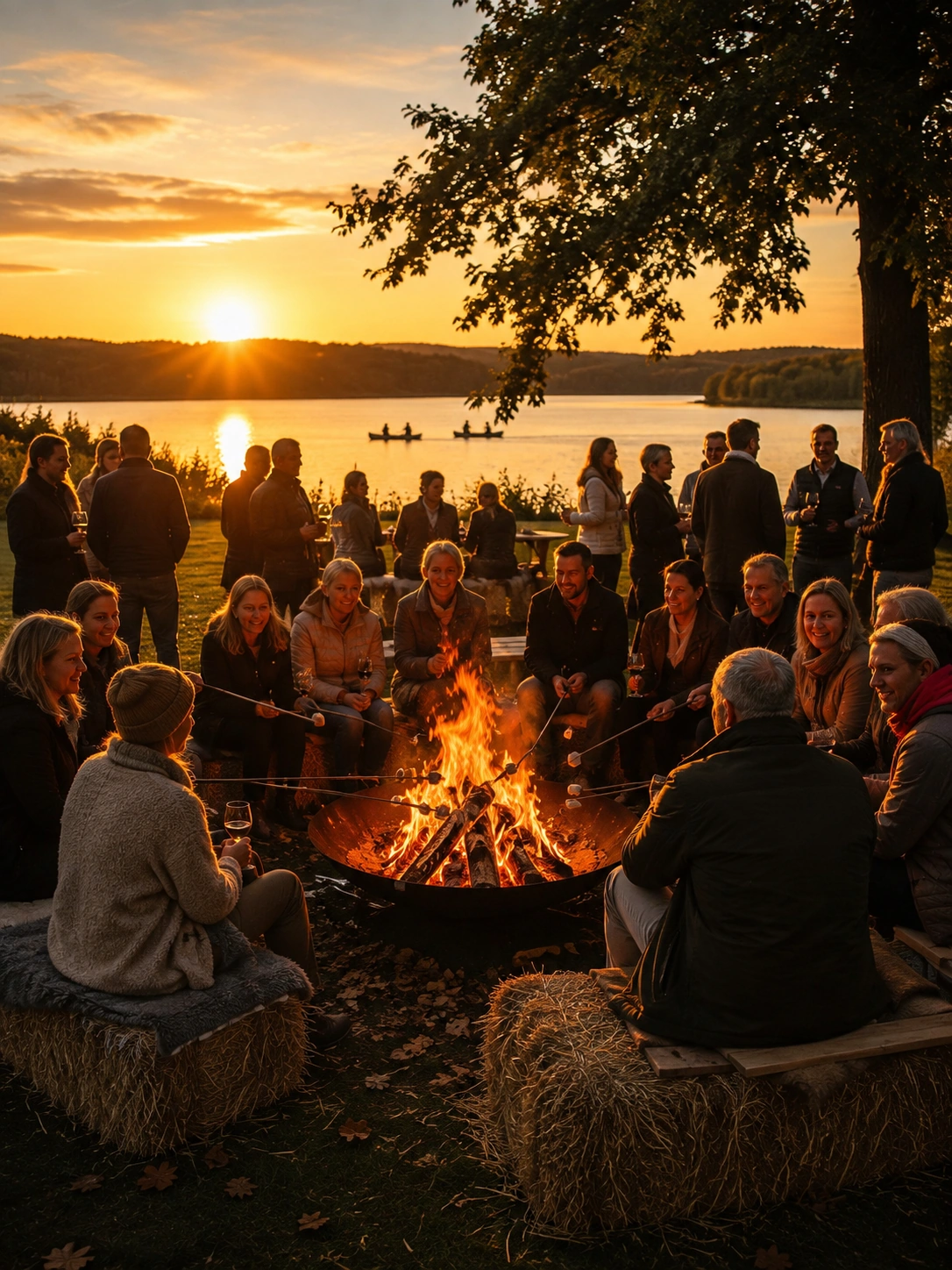 Lagerfeuer und lange Tafeln auf der Seewiese am Bistensee