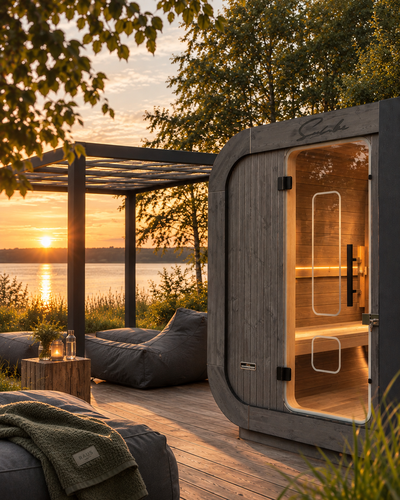 Sauna des RAUS. am Ufer des Bistensees in herbstlicher Abendstimmung