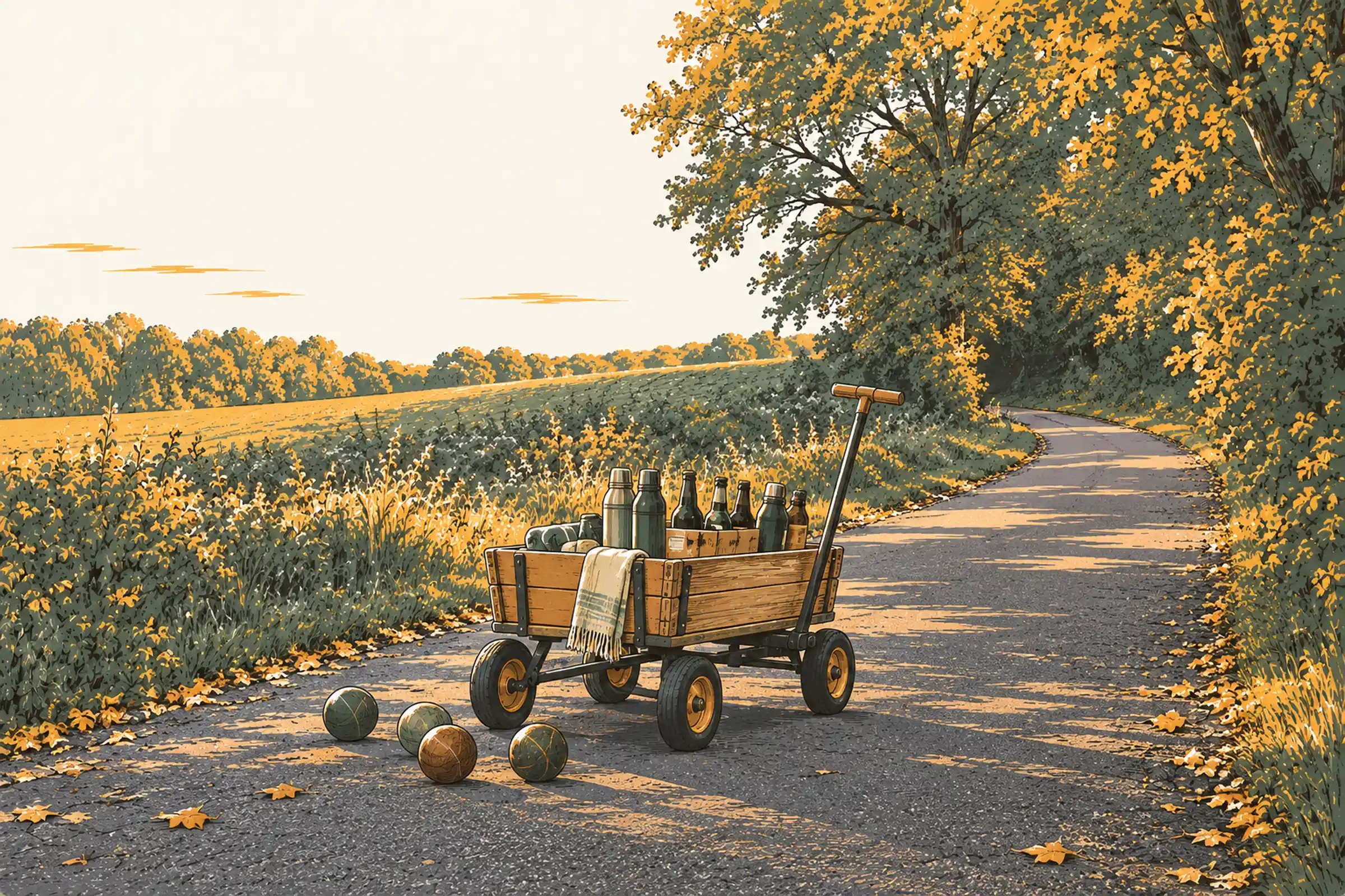 Bollerwagen mit Bosselkugeln auf einem Feldweg in der Abenddämmerung