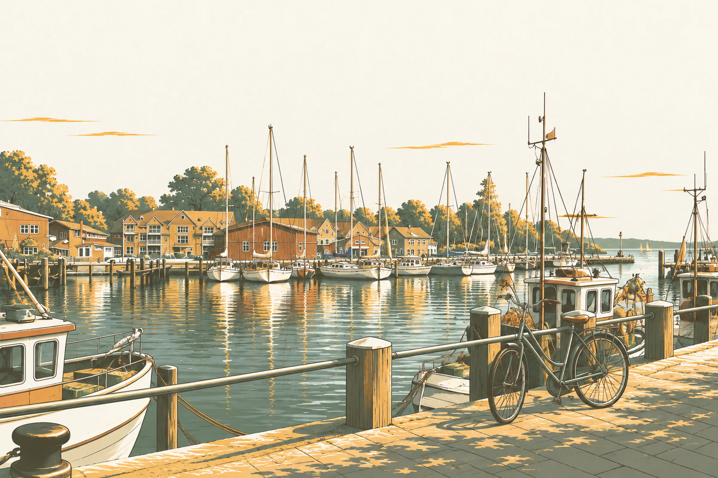Fahrrad am Hafen von Eckernförde mit Fischerkuttern