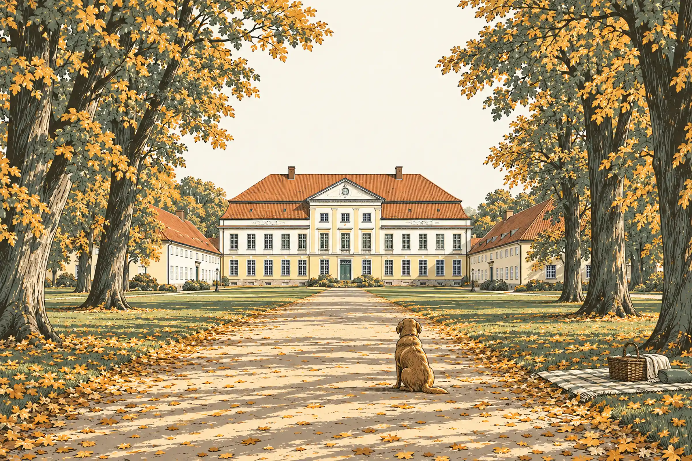Allee mit Herbstlaub zum Gut Emkendorf, ein Hund auf dem Weg