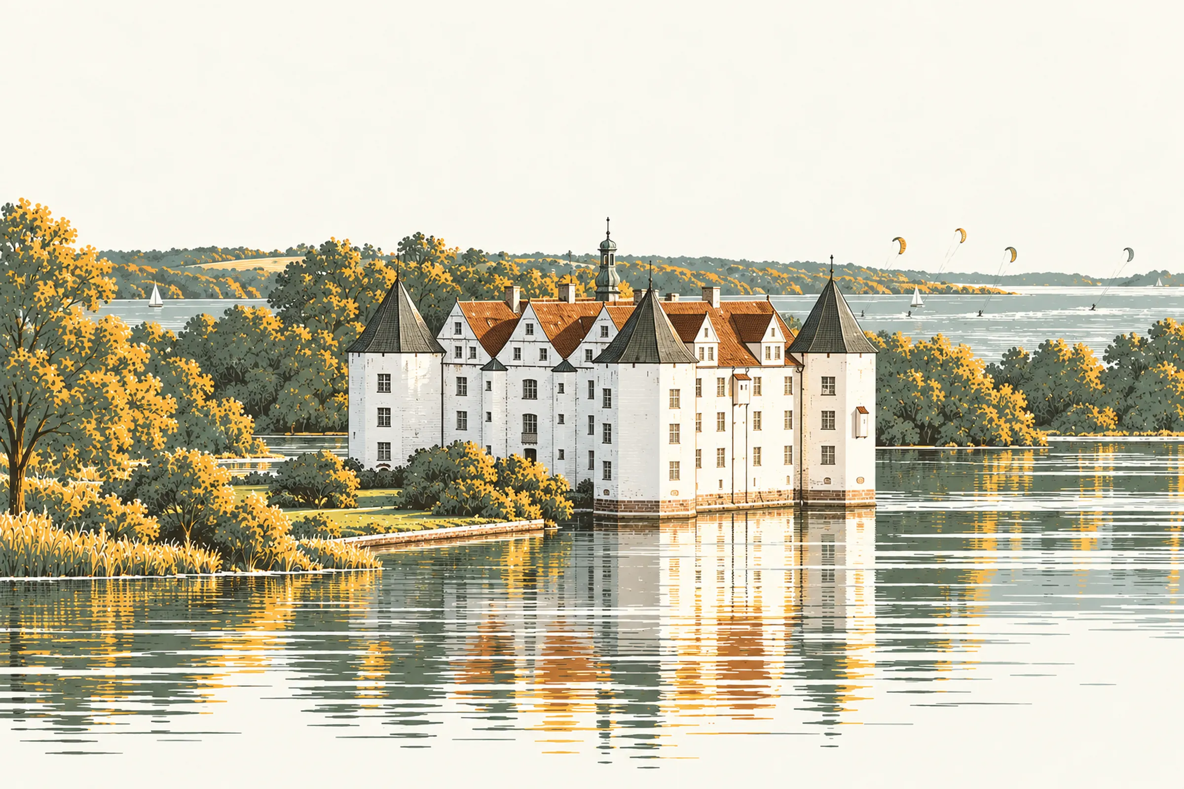 Wasserschloss Glücksburg mit Kites über der Förde