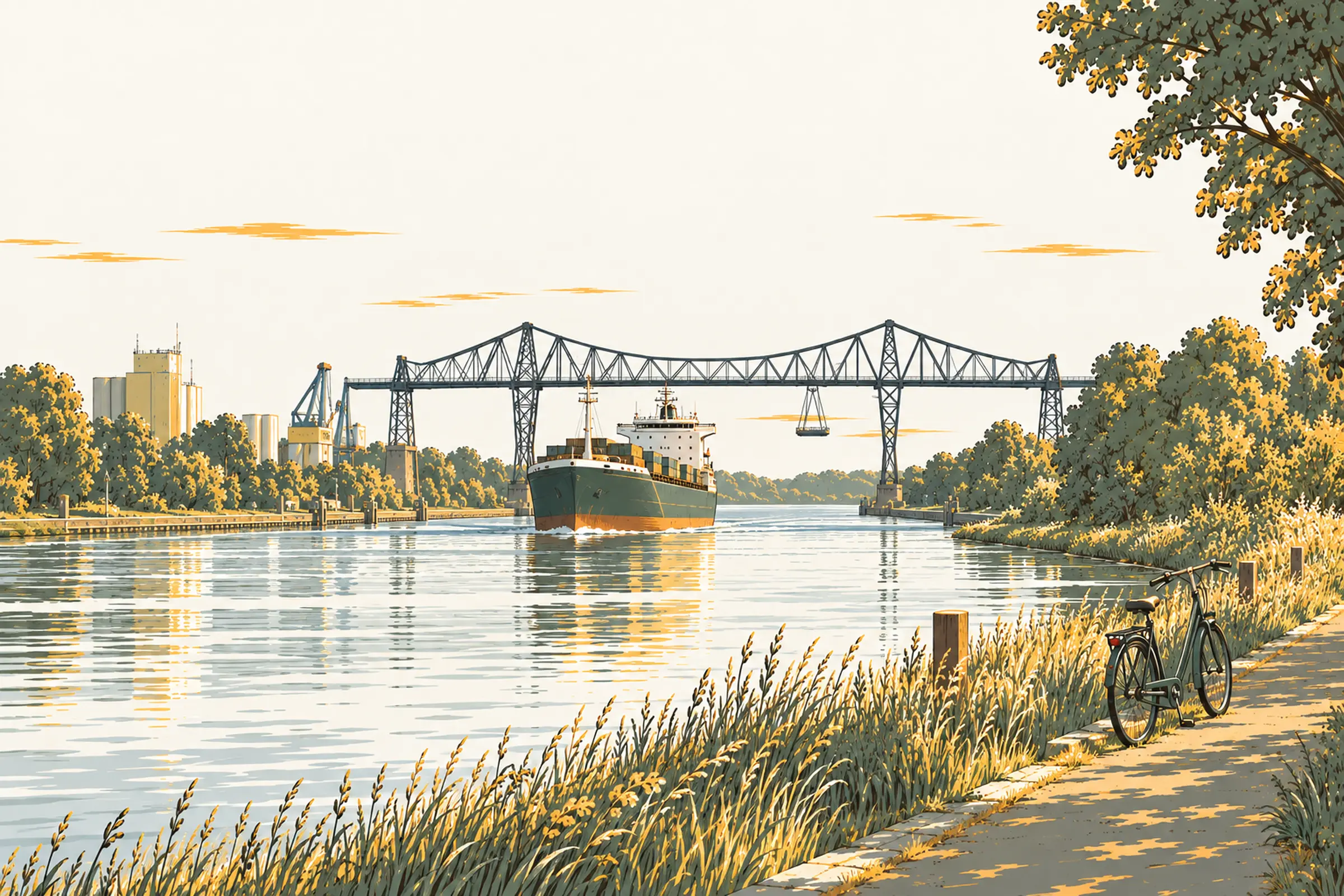 Frachtschiff auf dem Nord-Ostsee-Kanal vor der Rendsburger Eisenbahnhochbrücke
