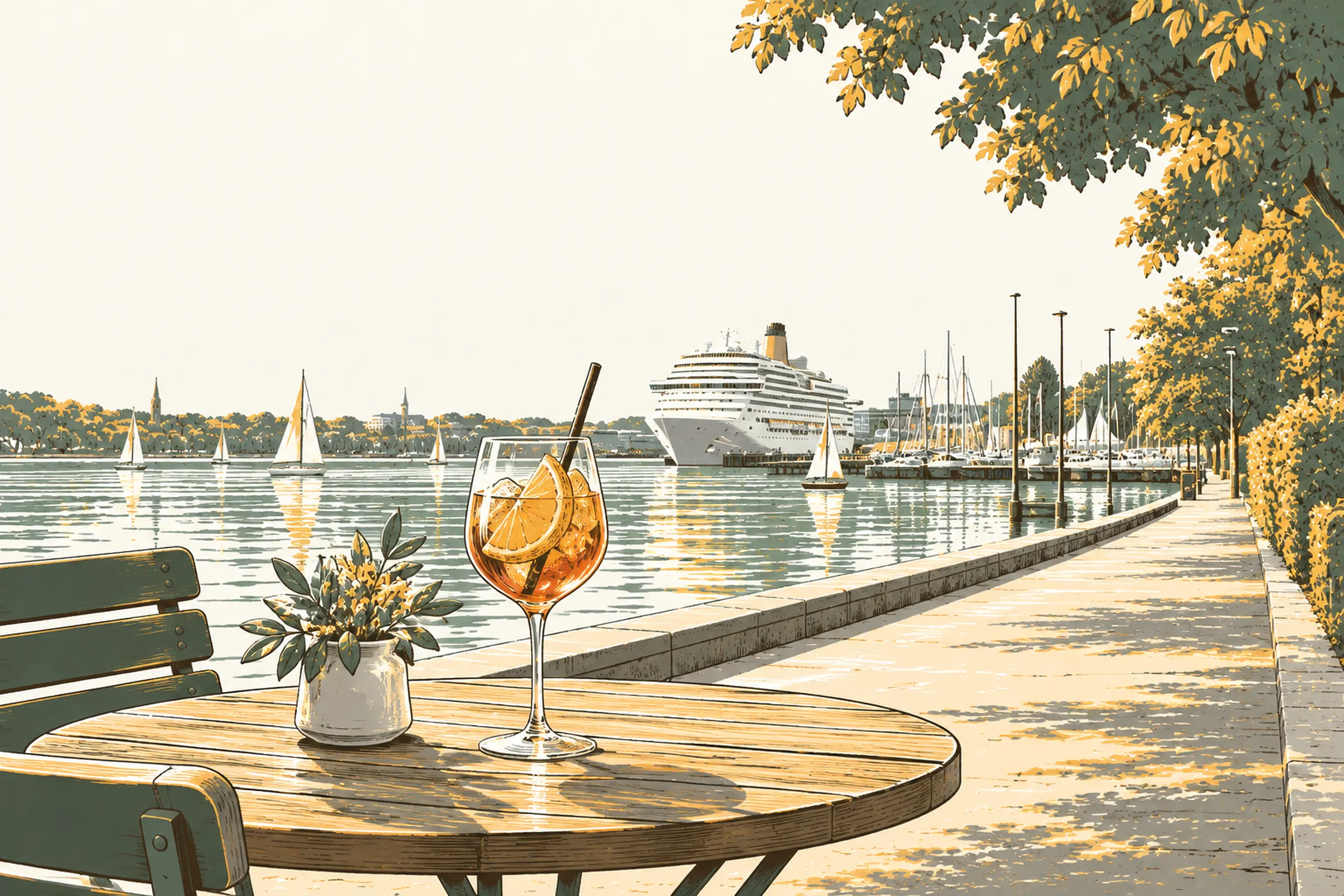 Aperitif am Wasser an der Kiellinie mit Kreuzfahrtschiff