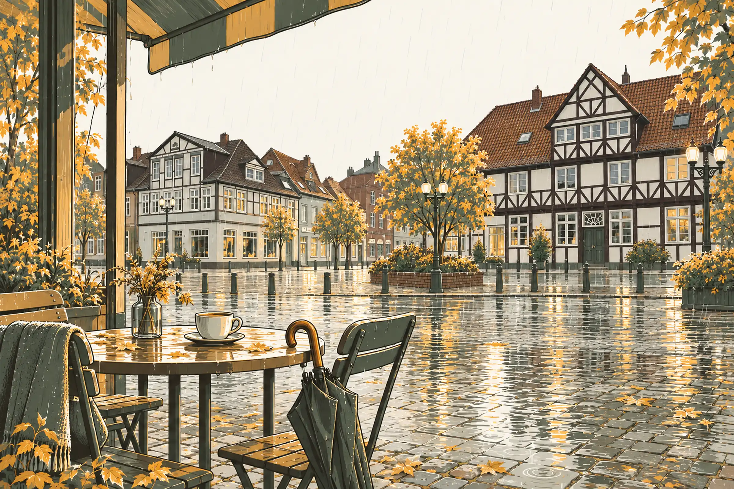 Café-Tisch unter einer Markise an einem Regentag in Rendsburg