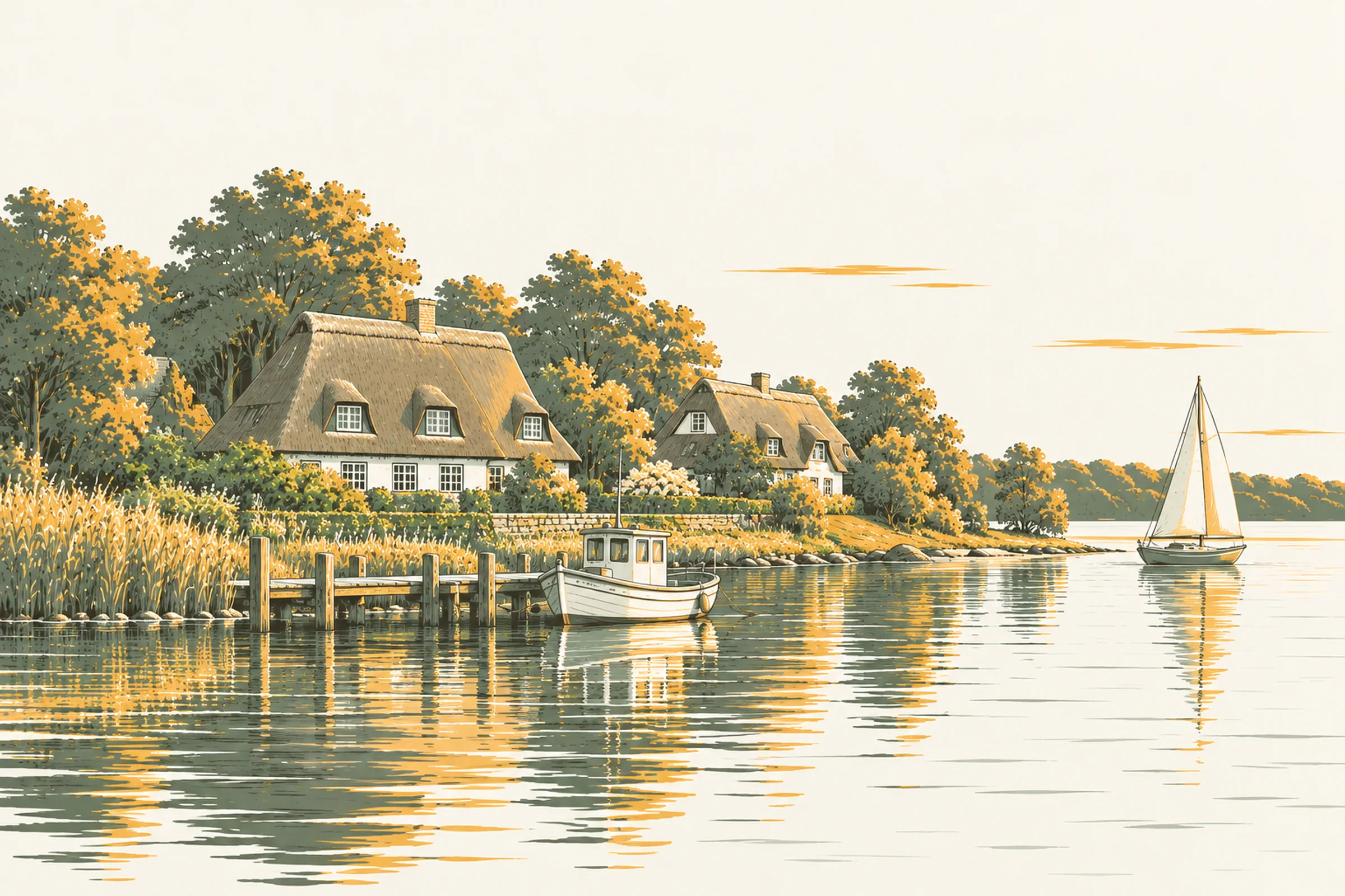 Reetgedeckte Häuser an der Schlei mit Fischerboot und Segelboot