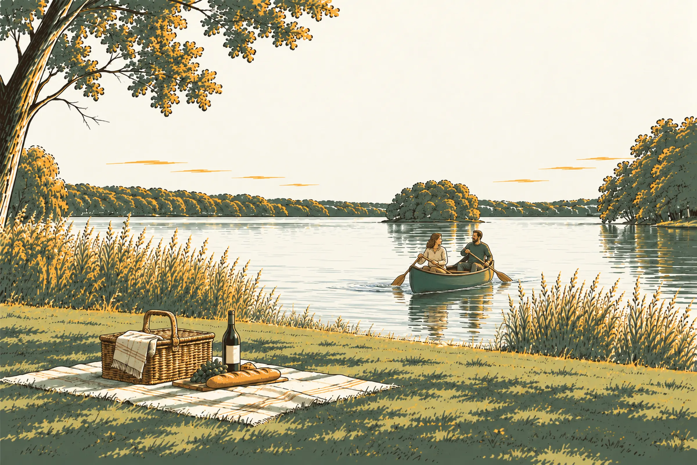 SUP-Board und Kanu am Steg, Picknick auf der Seewiese und Hängezelt am Bistensee