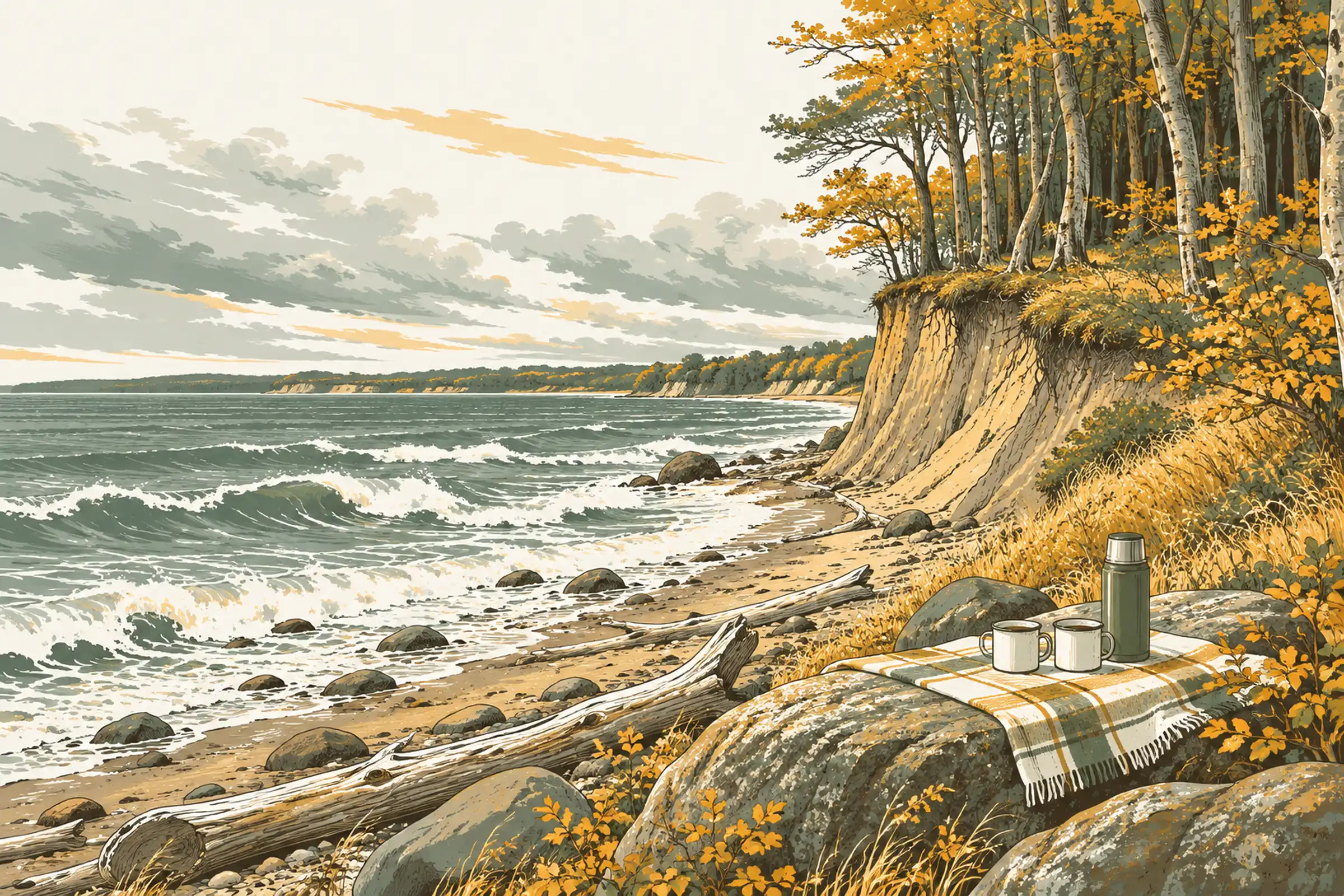 Wilder Ostseestrand mit Steilküste, Treibholz und Picknickkorb