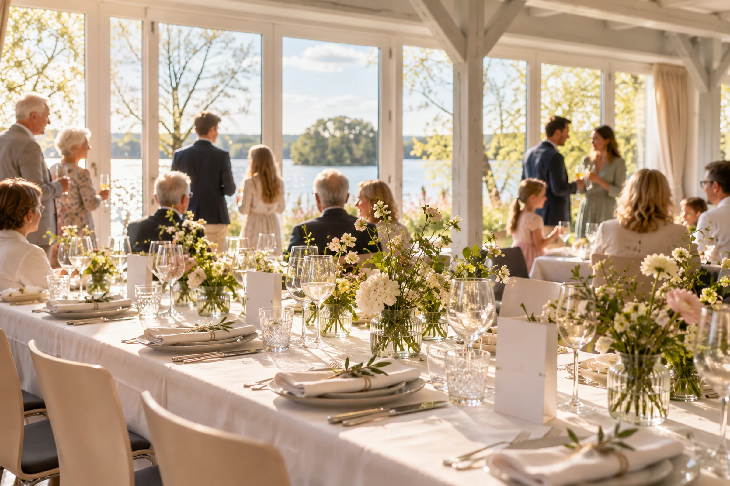 Festlich gedeckter Tisch mit Blumen im Seehotel Töpferhaus