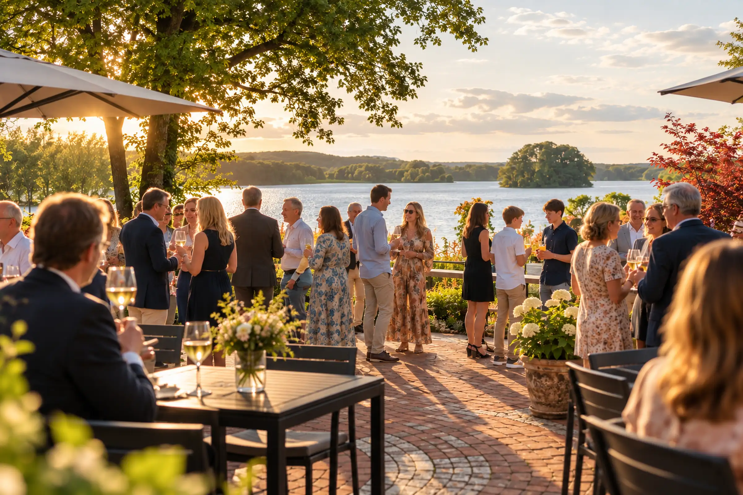 Gedeckte Tafel auf der Seeterrasse mit Blick auf den Bistensee