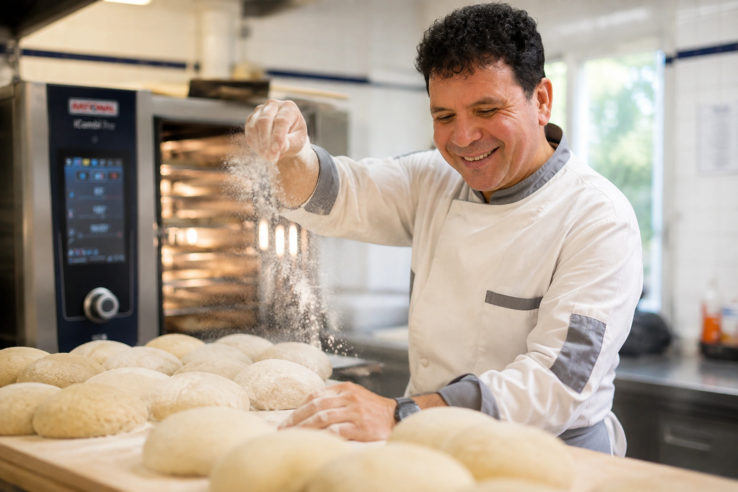 Saidajan Hashemi backt frische Brötchen in der Frühstücksküche