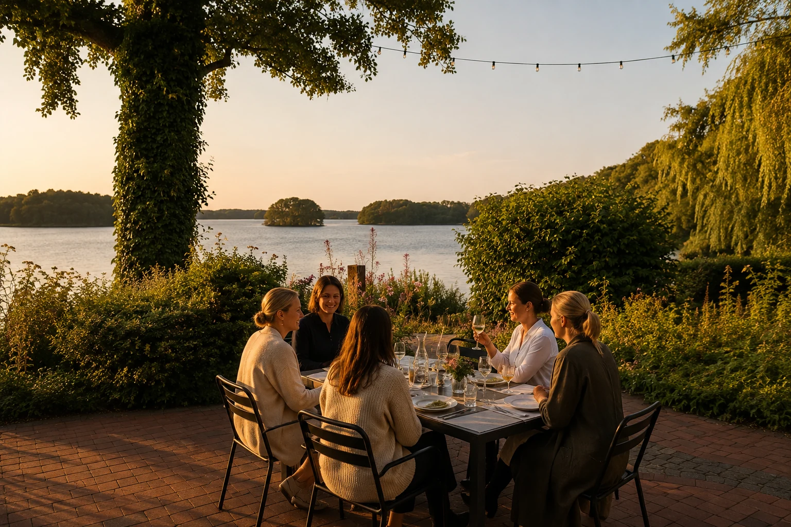 Gäste beim gemeinsamen Essen auf der Seeterrasse am Bistensee