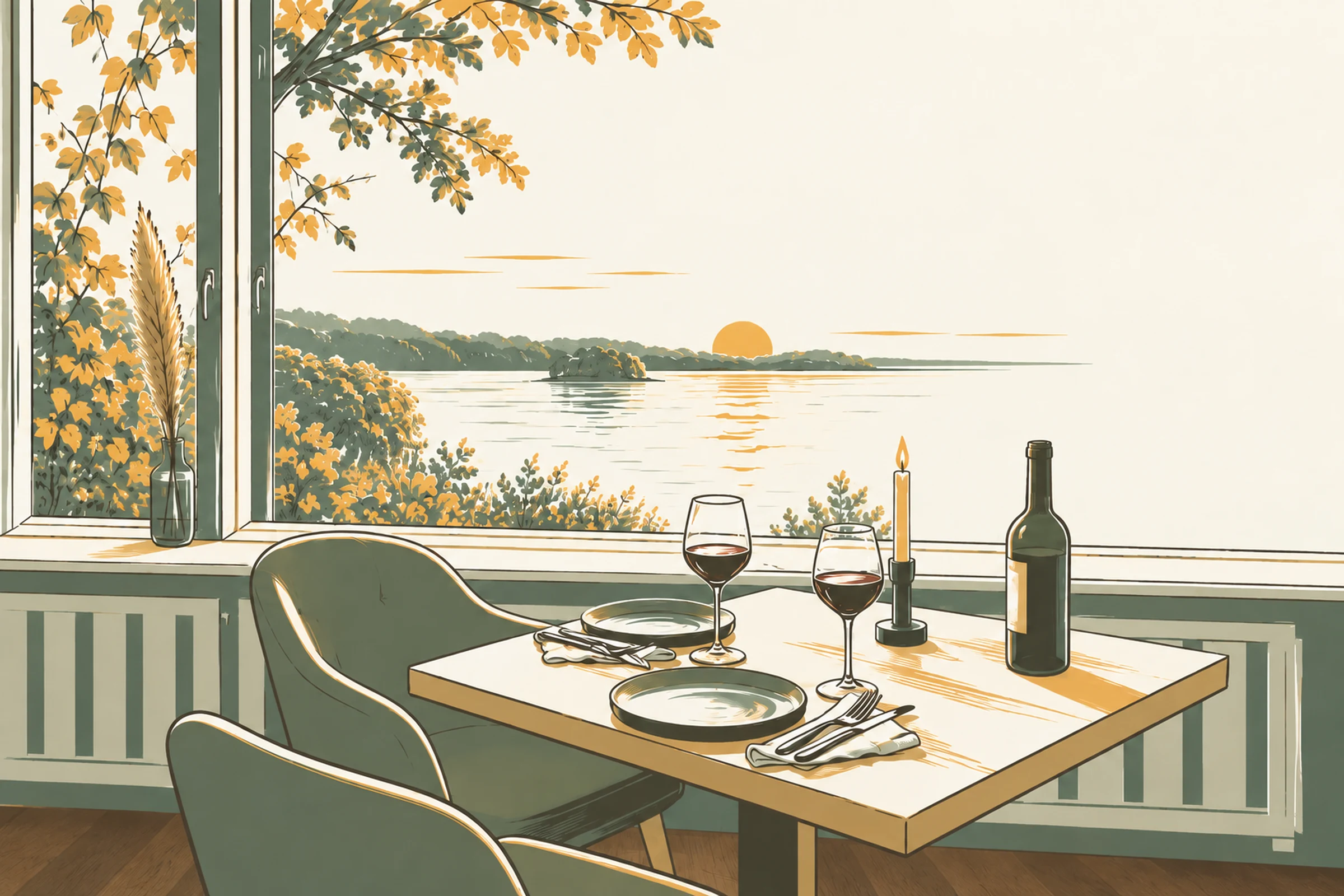 Gedeckter Tisch im Restaurant LammButtRind mit Blick auf den See, gezeichnet
