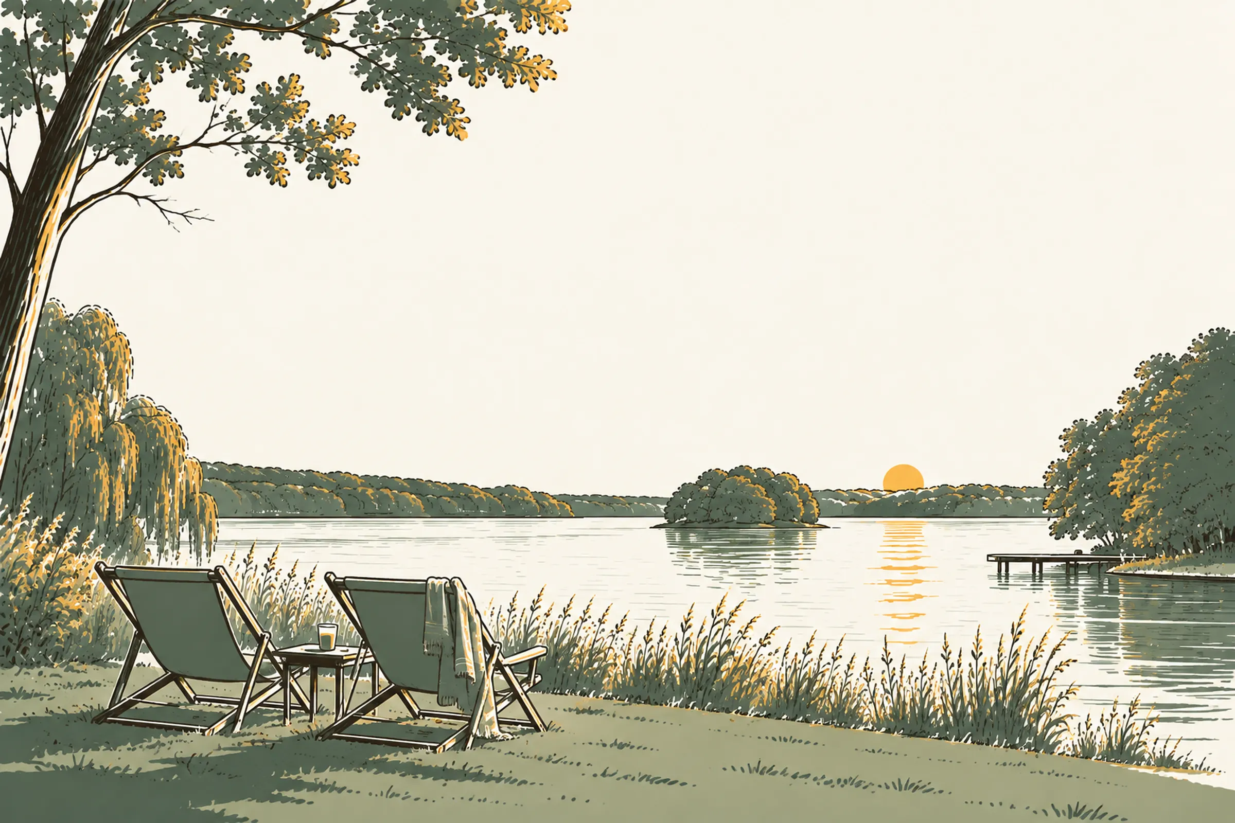 Zwei Liegestühle auf der Seewiese am Bistensee, gezeichnet