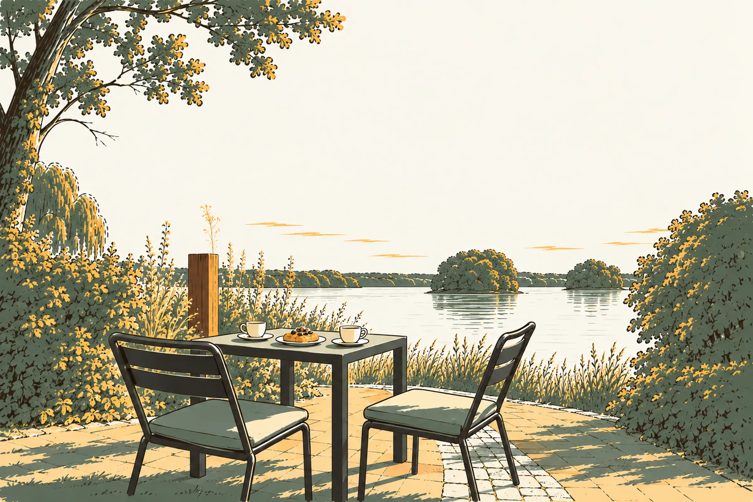 Frühstückstisch auf der Seeterrasse am Bistensee, gezeichnet