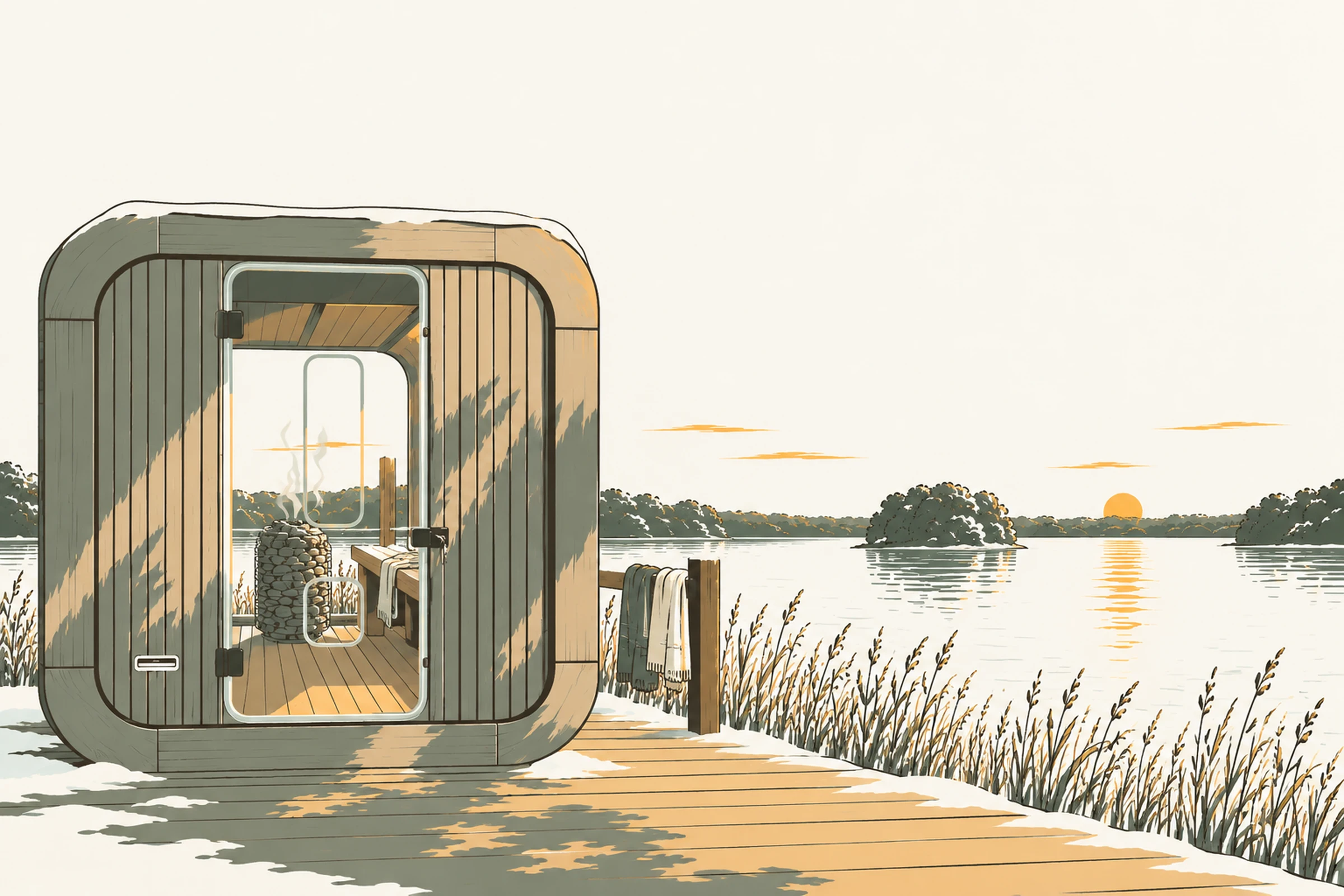 Sauna des RAUS. am Ufer des Bistensees, gezeichnet