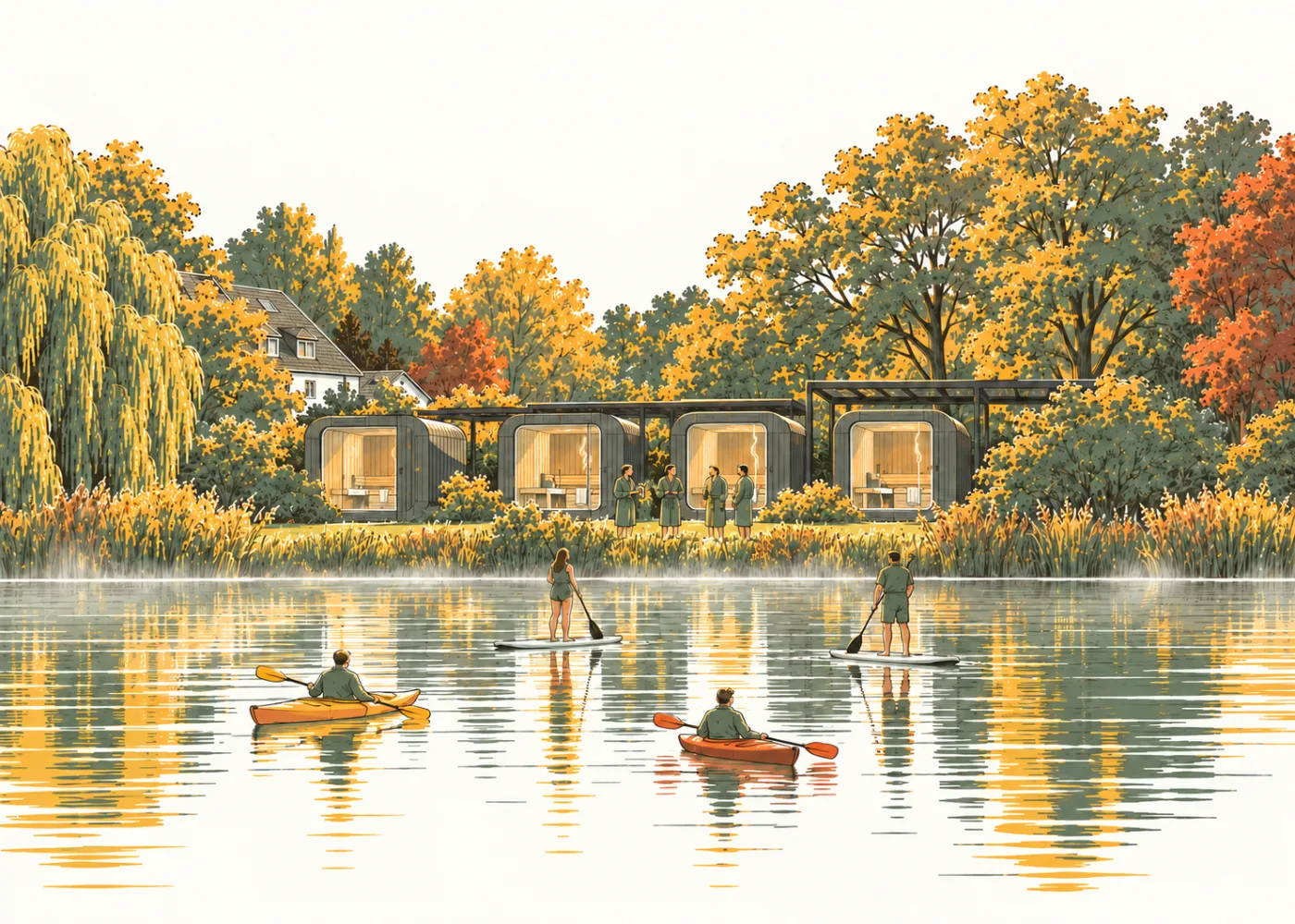 Herbst am Bistensee: Gäste in Bademänteln vor den Saunen des RAUS., auf dem See Kajaks und SUP Boards, gezeichnet
