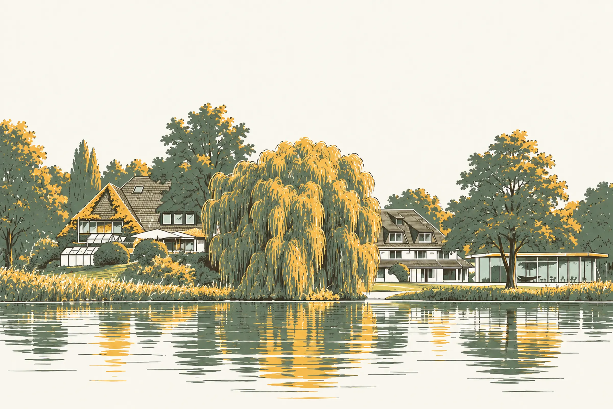Das Seehotel Töpferhaus vom Bistensee aus gesehen, gezeichnet