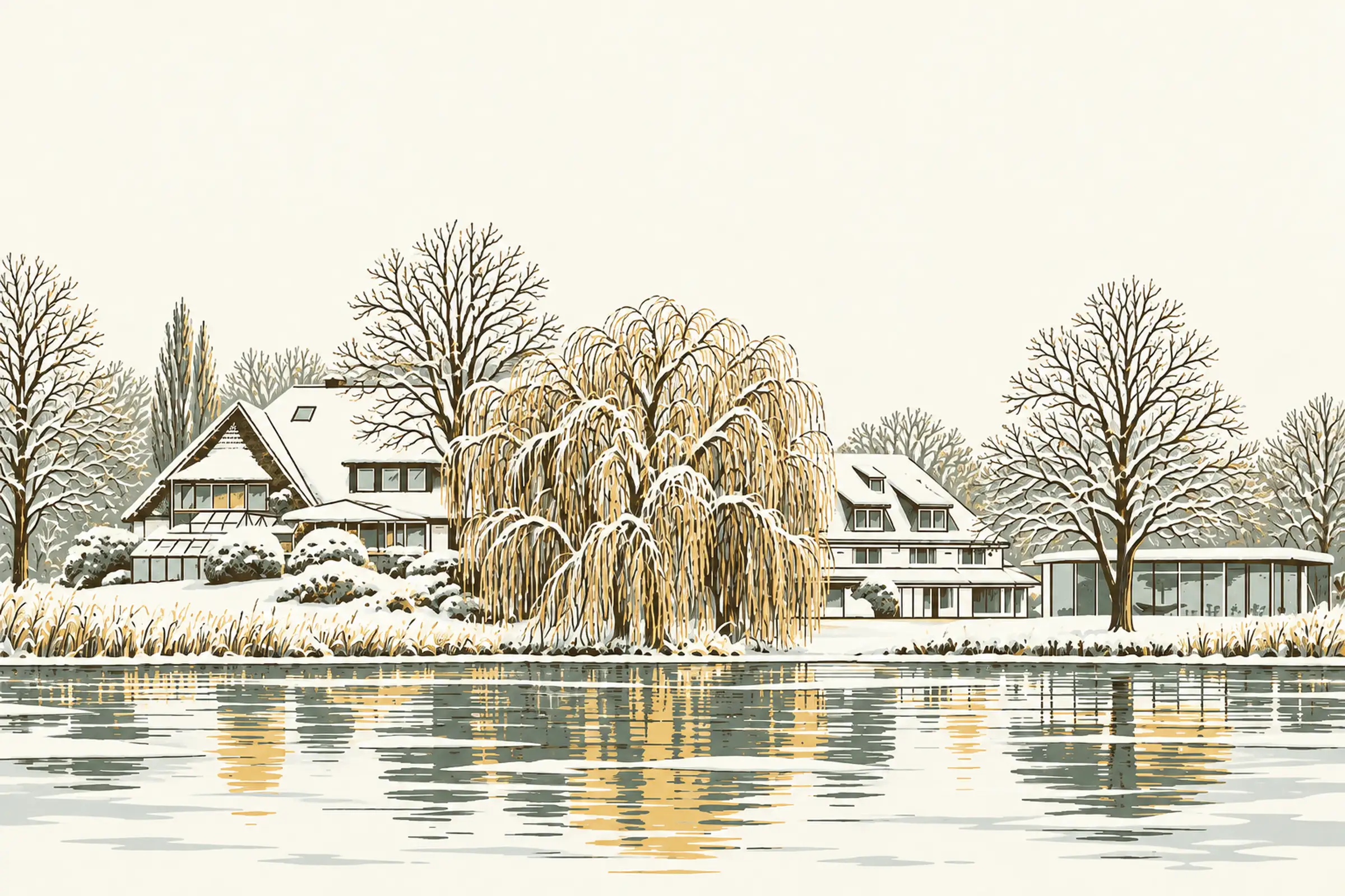 Das Seehotel Töpferhaus im Schnee am Bistensee, gezeichnet