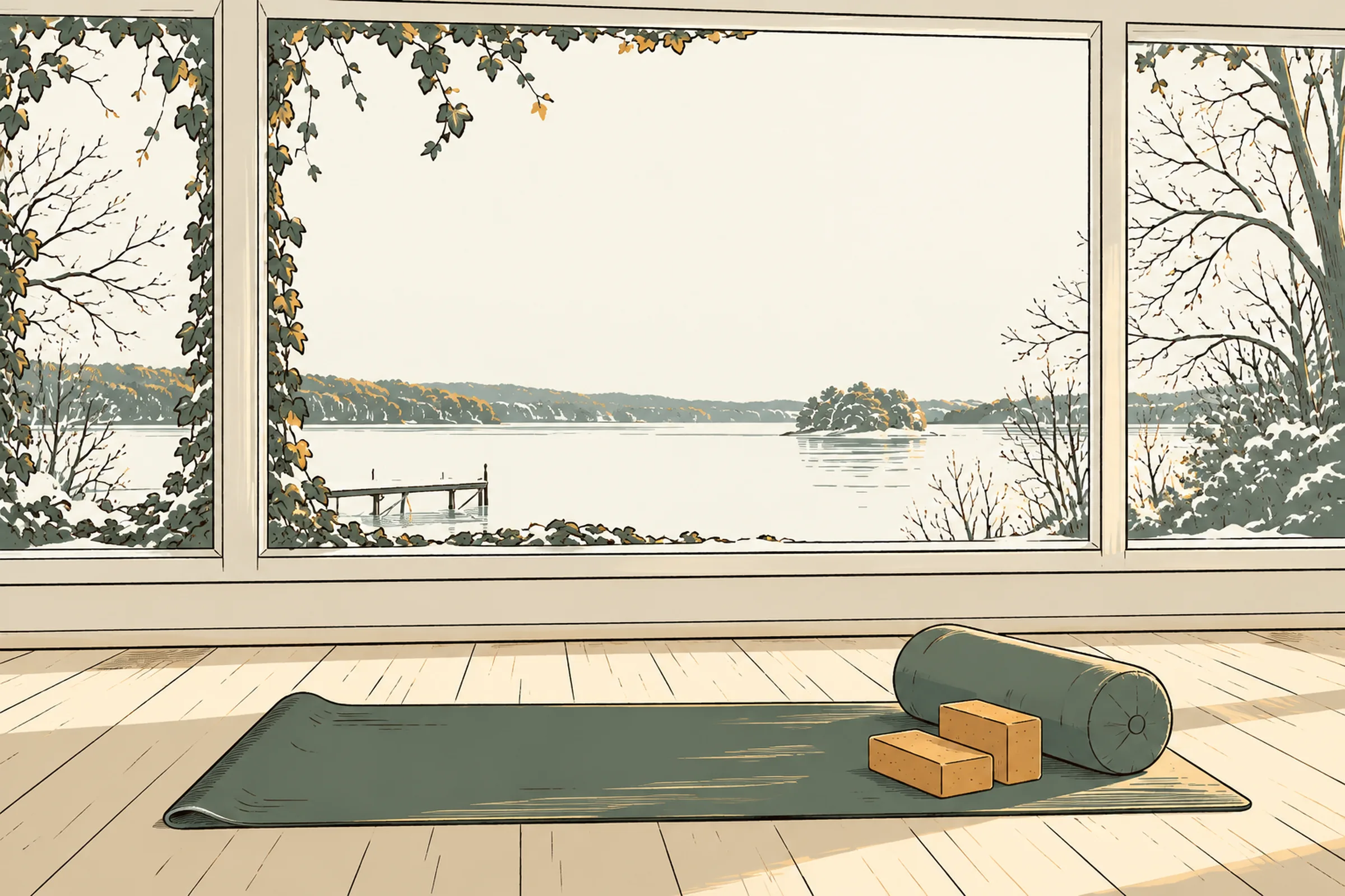 Yogamatte vor dem Fenster mit Blick auf den See, gezeichnet