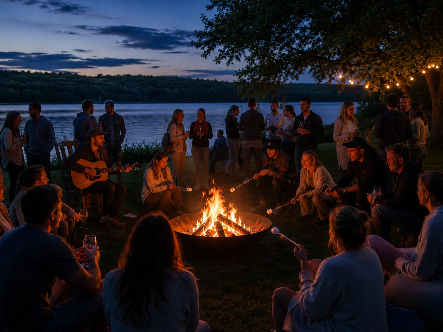 Gruppe sitzt abends gemeinsam am Feuer mit Marshmallows