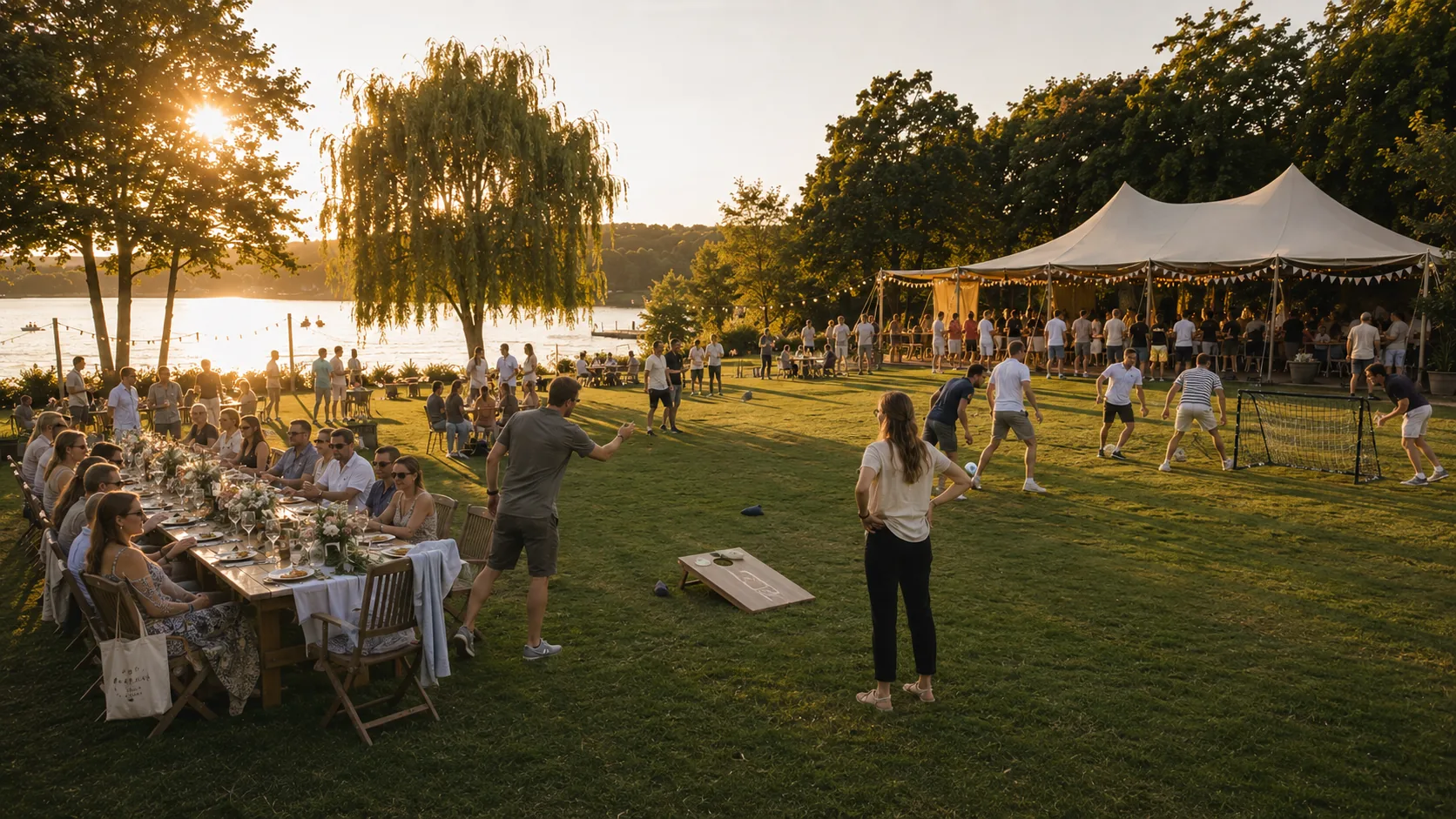 Lange gedeckte Tafeln auf der Seewiese mit Gartenzelt und Sommerspielen