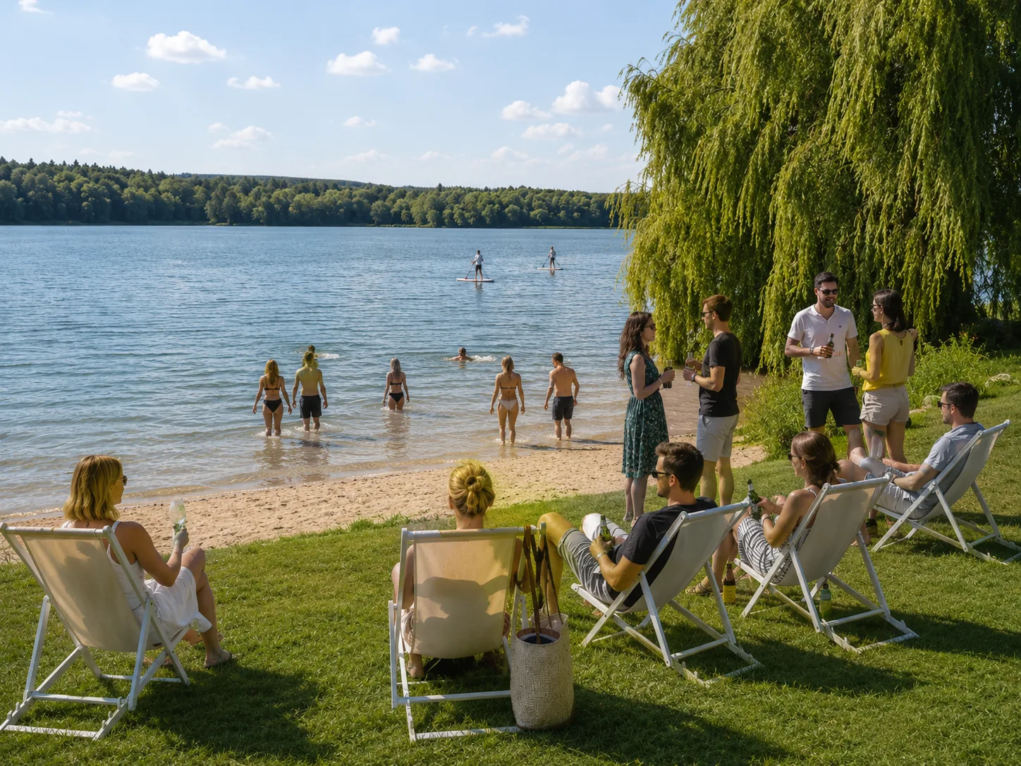 Personen schwimmen und paddeln am Strand des Bistensees