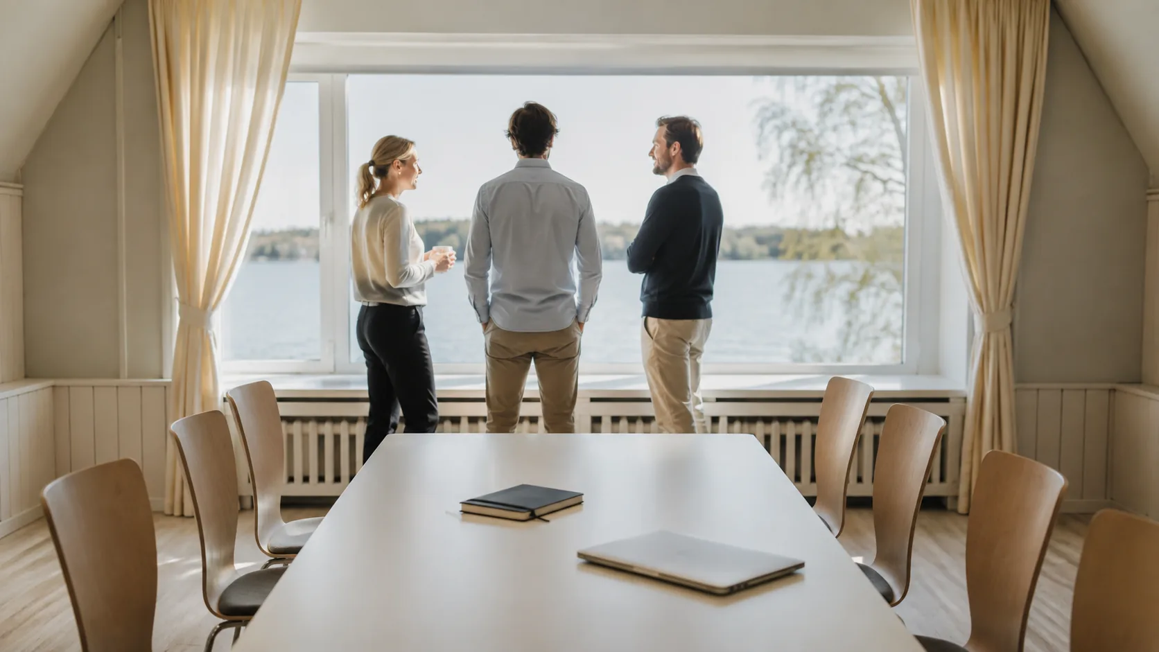 Kleiner Tagungsraum mit Seeblick, zwei Personen im konzentrierten Gespräch