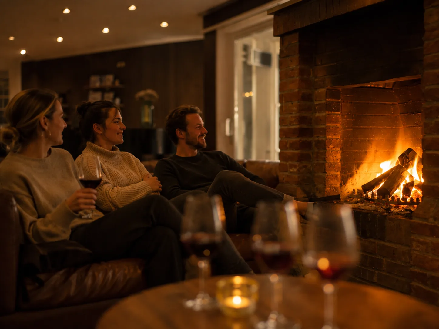 Drei Personen entspannt am Kamin mit einem Glas Wein